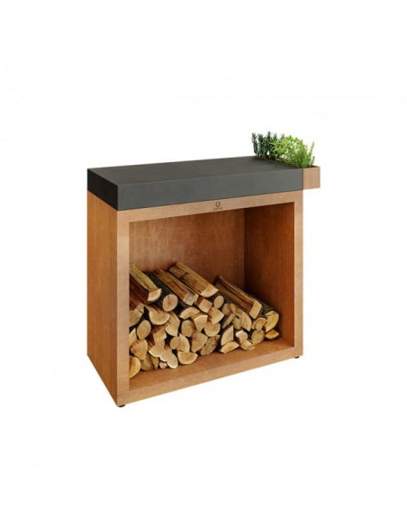 RANGEMENT BOIS OFYR CORTEN AVEC PLAN DE TRAVAIL CERAMIQUE